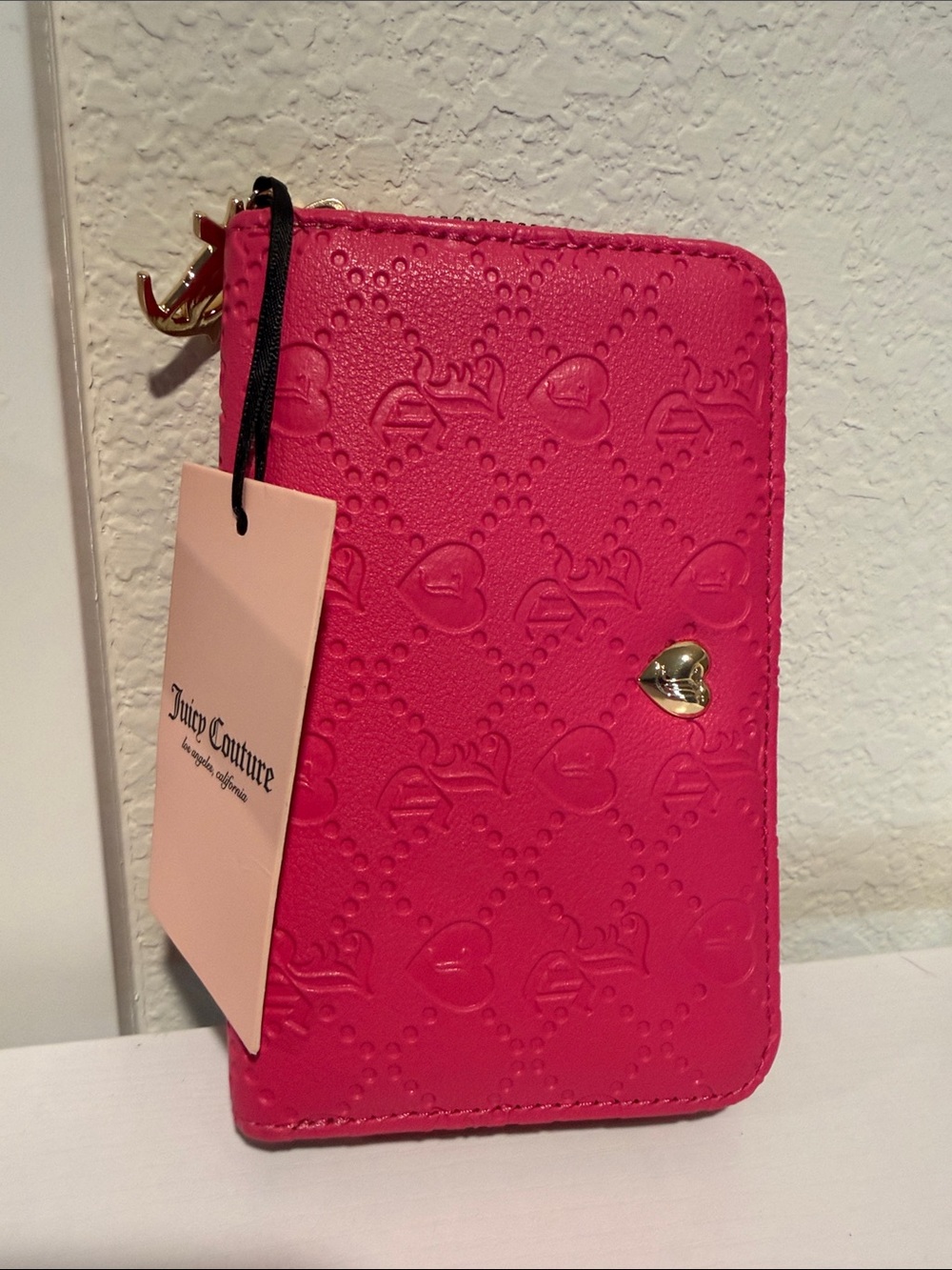 Juicy Couture Bright Pink Embossed Zip Card Wallet with Gold Heart